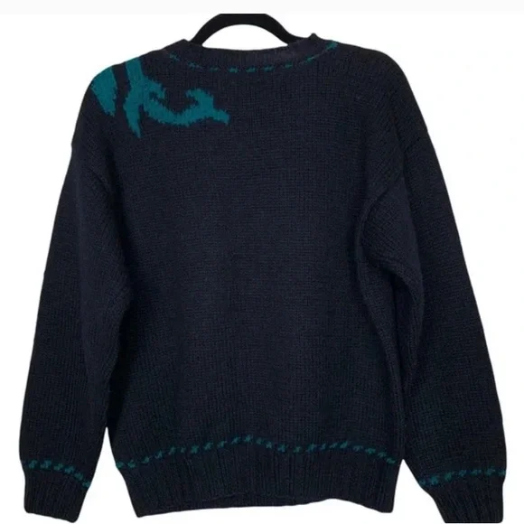 Vintage 80s Carole Little For St. Tropez West Black Hand Knit Floral Sweater S - Picture 2 of 7